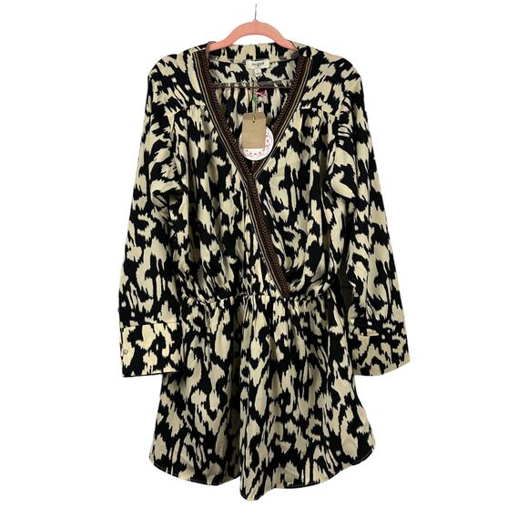 Umgee Ivory Animal Print Embroidered V Neck Faux Wrap Cinched Waist Dress L NEW - Picture 3 of 12